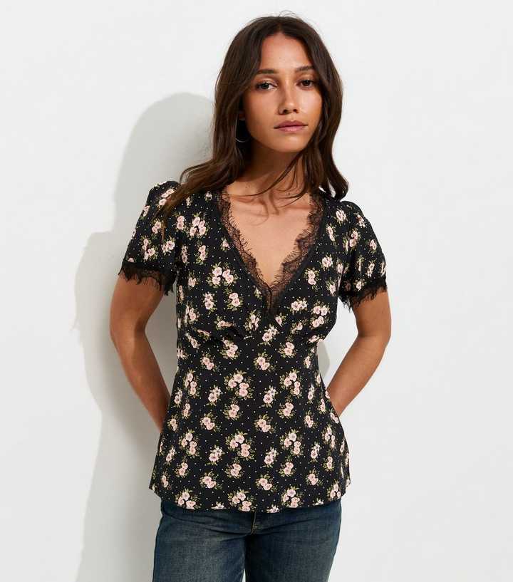 Black Ditsy Floral Lace Trim Tea Blouse