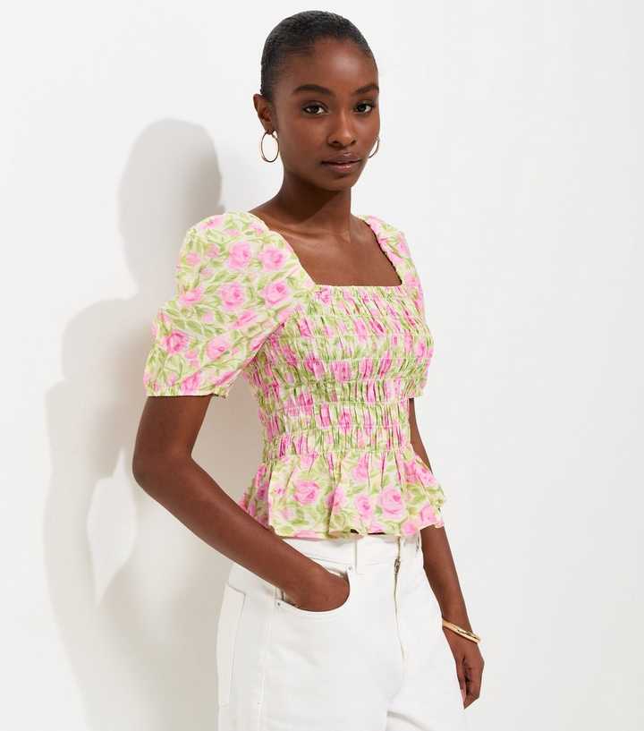 Pink Rose Print Shirred Puff Sleeve Top