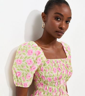 Pink Rose Print Shirred Puff Sleeve Top | New Look