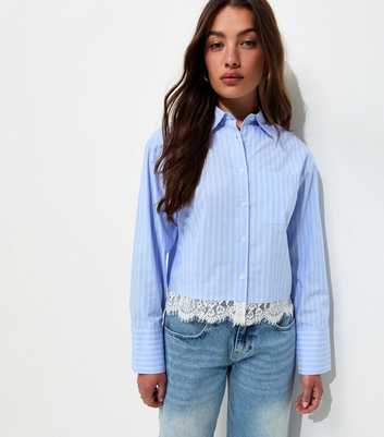 Blue Striped Lace Trim Long Sleeve Shirt