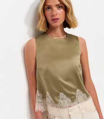 Light Khaki Satin Lace Hem Sleeveless Top
