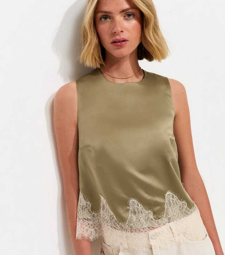 Light Khaki Satin Lace Hem Sleeveless Top