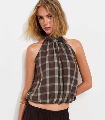 Brown Check Print Bubble Hem Halterneck Top