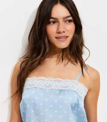 Petite Blue Satin Polka Dot Lace Trim Cami Top
