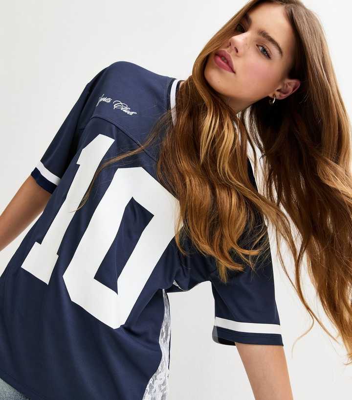 Girls Navy Lace Insert Football Top