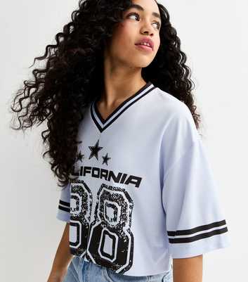 Girls Light Blue 08 California Print Cropped Football Top