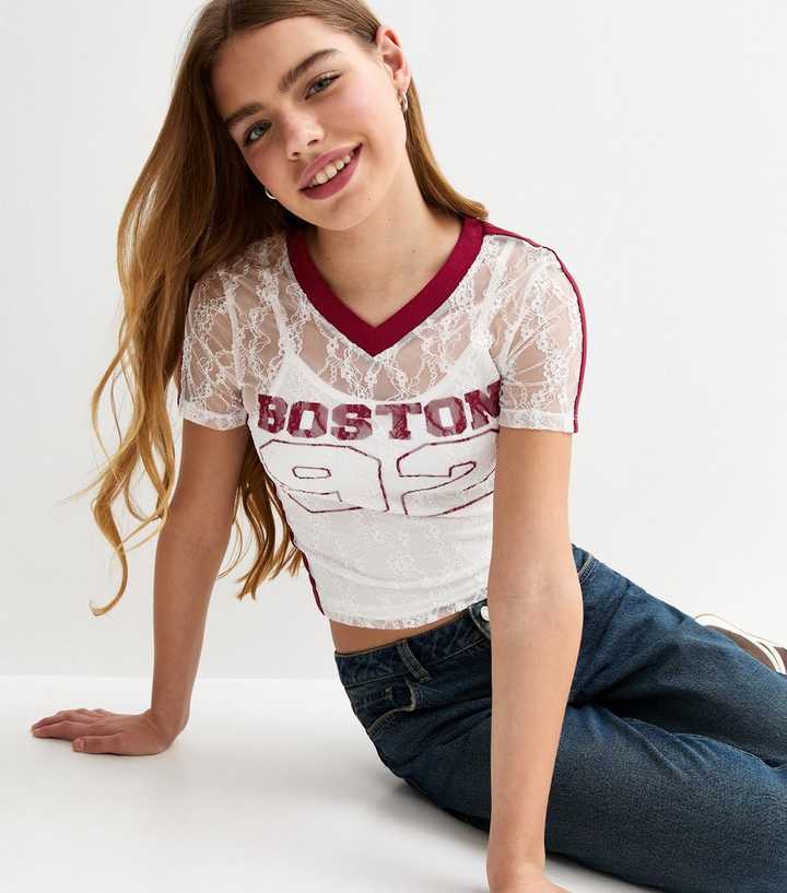 Girls White Boston Print Fitted Lace Football Top