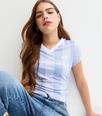 Girls Light Blue Striped Fitted Football Top