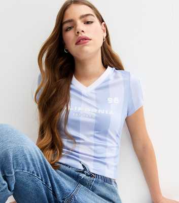 Girls Light Blue Striped Fitted Football Top