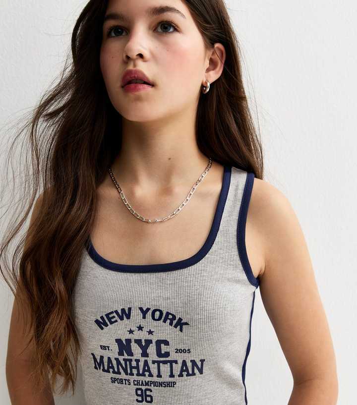 Girls Grey Ribbed New York Logo Vest
