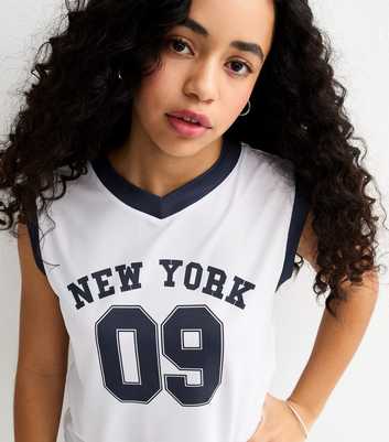 Girls White New York Print Basketball Vest
