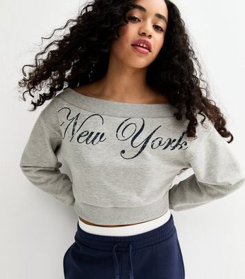 Girls Grey New York Print Off Shoulder Cropped Sweatshirt