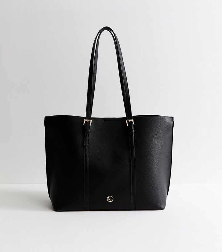 Black Faux Logo Plaque Leather Tote Bag