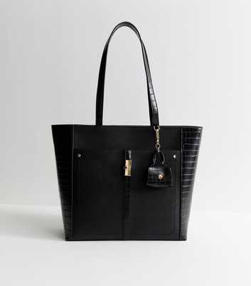 Black Faux Leather Croc Embossed Tote Bag