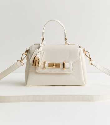 White Faux Leather Textured Lizard Effect Mini Crossbody Bag