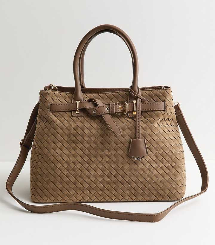 Camel Faux Suede Woven Triple Compartment Tote Bag