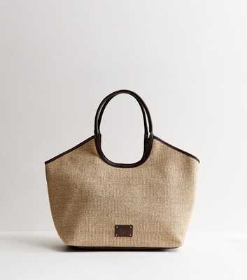 Stone Raffia Look Contrast Trim Tote Bag
