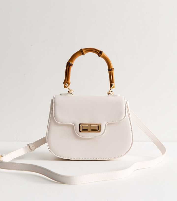 Cream Faux Leather Bamboo Top Handle Saddle Bag