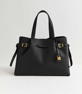 Black Faux Leather Belted Padlock Tote Bag
