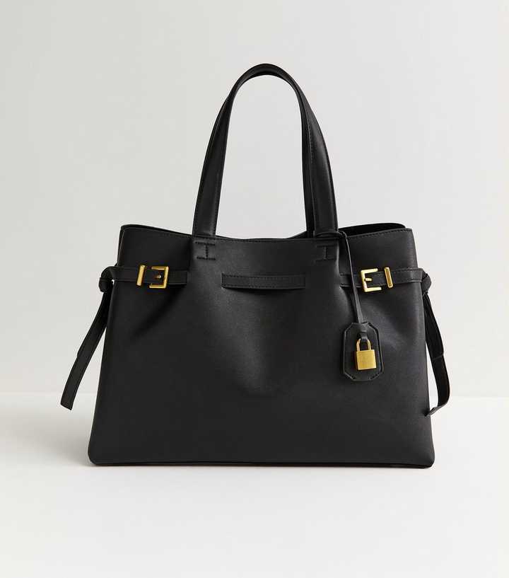 Black Faux Leather Belted Padlock Tote Bag