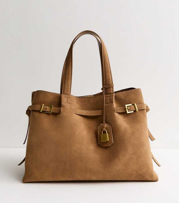 Camel Faux Suede Belted Lock Tote Bag