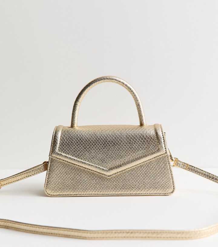 Gold Snake Embossed Faux Leather Flap Top Handle Bag