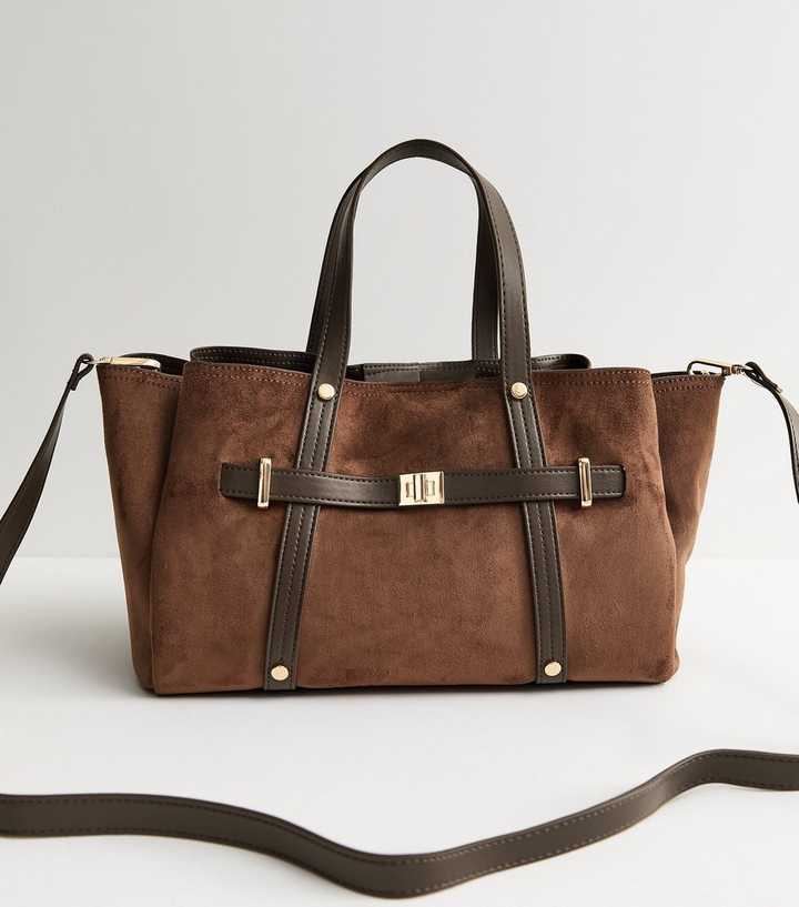Dark Brown Faux Suede Triple Compartment Tote Bag