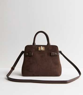 Dark Brown Faux Suede Turn Lock Top Handle Tote Bag