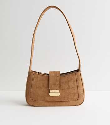 Tan Faux Suede Croc Embossed Shoulder Bag