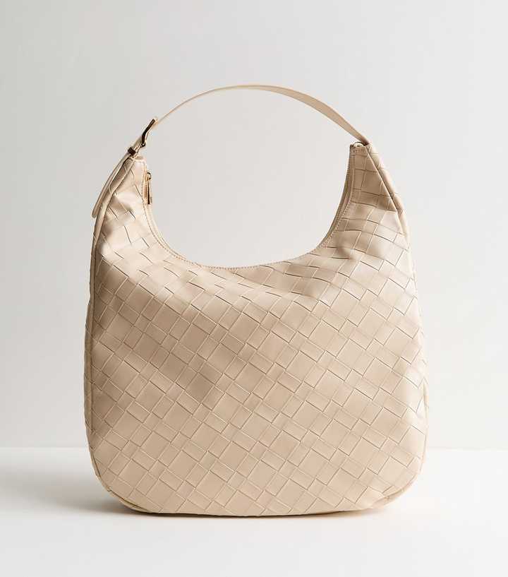 Cream Woven Faux Leather Shoulder Bag