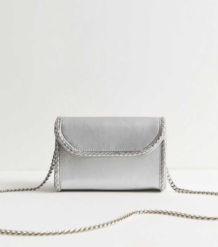 Silver Faux Leather Diamant?� Gem Embellished Clutch Bag