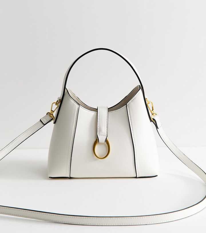 Cream Faux Leather Oval Ring Bucket Crossbody Bag