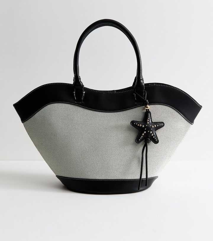 Black Scooped Top Woven Tote Bag
