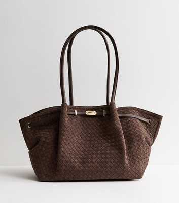 Dark Brown Faux Suede Woven Winged Tote bag