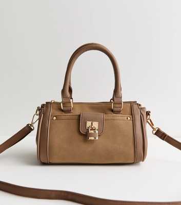 Mink Faux Brushed Leather Padlock Crossbody Bag