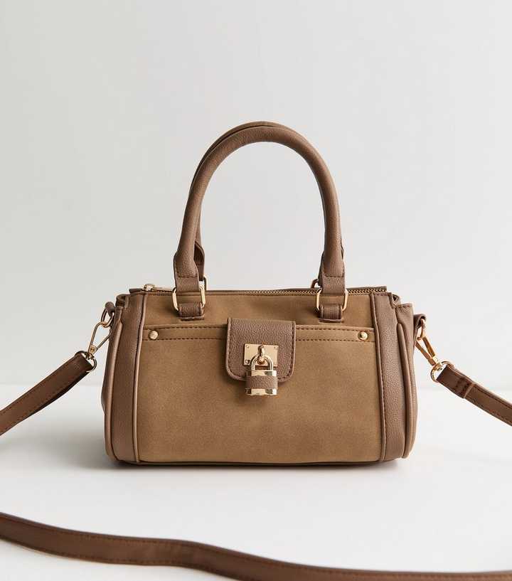 Mink Faux Brushed Leather Padlock Crossbody Bag