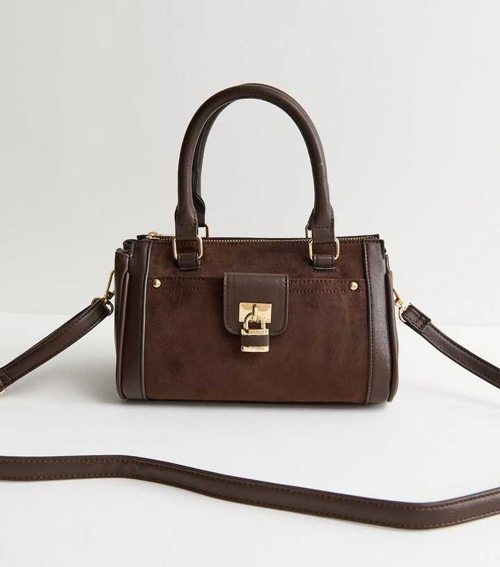 Dark Brown Faux Brushed Leather Padlock Crossbody Bag