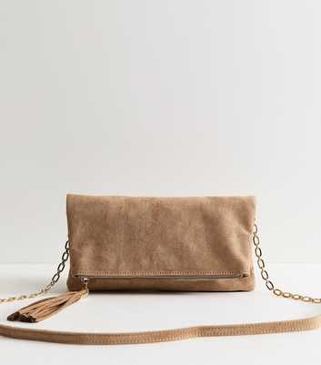 Camel Faux Suede Tassel Charm Clutch Bag