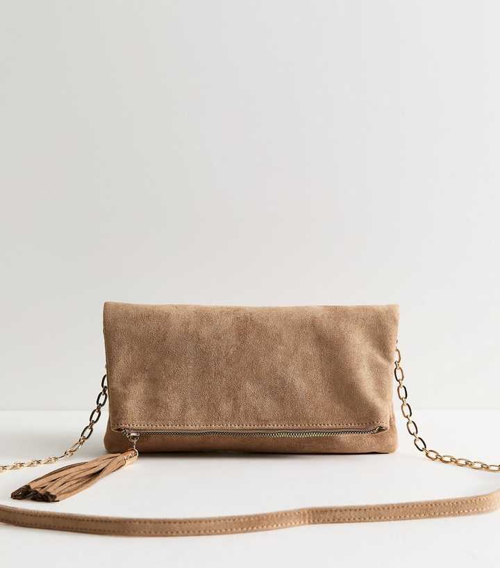 Camel Faux Suede Tassel Charm Clutch Bag