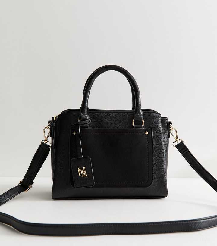 Black Faux Leather Triple Compartment Tote Bag