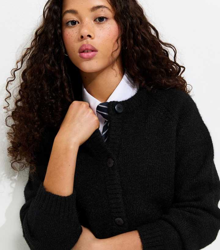 Girls Black Crew Neck Knitted School Cardigan
