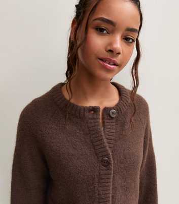Girls Dark Brown Crew Neck Knitted School Cardigan