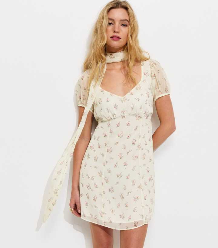 Cream Chiffon Floral Mini Dress with Scarf