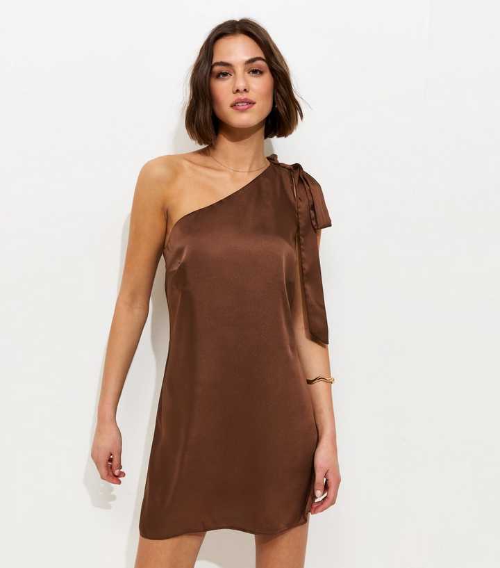 Dark Brown Satin One Shoulder Mini Dress