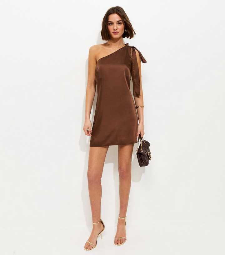 Dark Brown Satin One Shoulder Mini Dress
