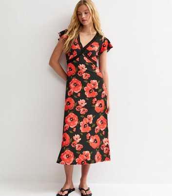 Red Floral Print Flutter Sleeve Midi Dress