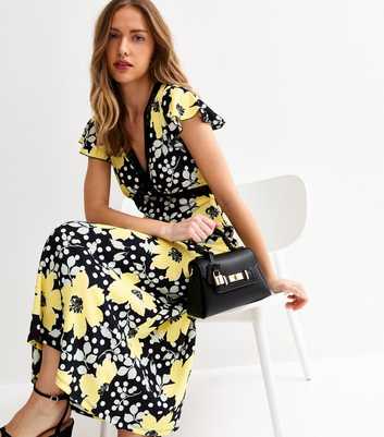 Yellow Floral Print Lace Trim Flutter Sleeve Dress
