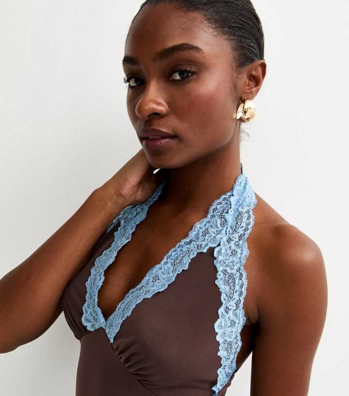 Brown Contrast Lace Trim Halter Neck Mini Dress