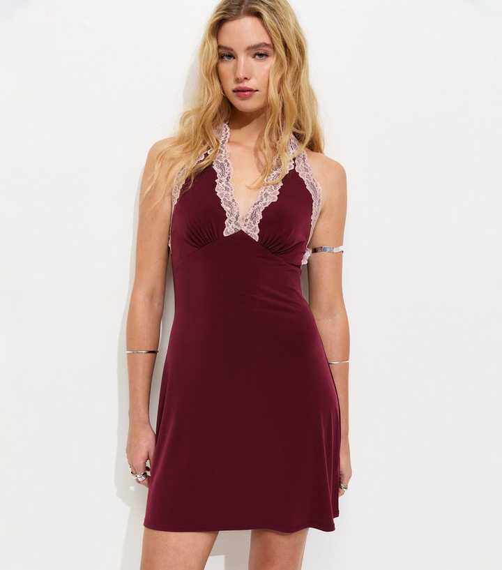 Dark Burgundy Contrast Lace Trim Halter Neck Mini Dress