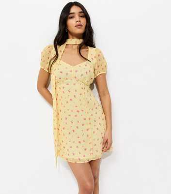 Yellow Chiffon Floral Mini Dress with Scarf